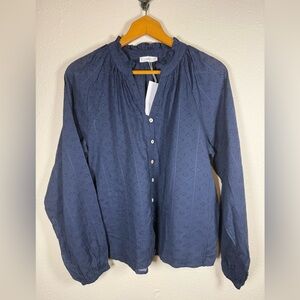 Mango Navy Long Sleeve Eyelet Blouse V-Neck Medium Cotton NEW